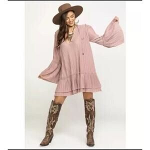 FREE PEOPLE Can't Help It Plisse Mini Dress In Clay Pink Size Large Boho Dreamy